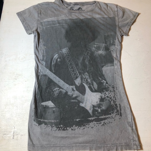 Rock Icons Tops - Jimi Hendrix Grey Graphic Guitar Playing Rock Photo Print, XS, 100% Cotton